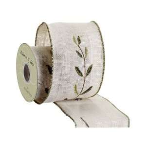  4Wx5yd Olive Embroidered Burlap Ribbon Cream Green (Pack 