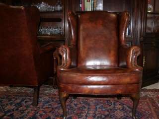 SUPER Pair Vintage Brown Leather Wing Back Arm Chairs w Queen Anne 
