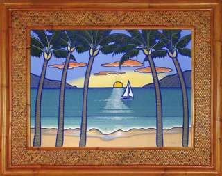 Hawaiian Beach Sunset Palms Sailboat Hawaii Rattan Frame Framed 