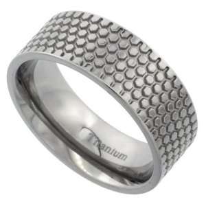 Titanium 8mm Flat Wedding Band Ring Honeycomb Pattern Polish Finish 