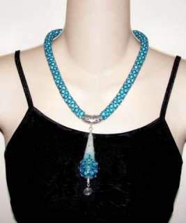 alexbeads Fade to Turquoise Netted Seed Bead Boro Lampwork Necklace 