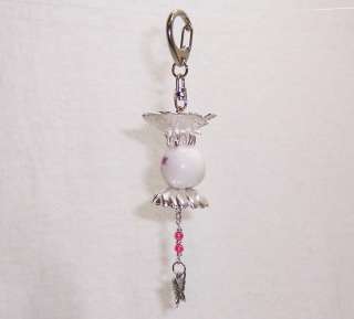 LARGE SILVER BUTTERFLY AND PORCELAIN FLOWER BEAD DANGLE CLIP ON CHARM 