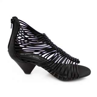 Black Strappy Caged 2.5 Mid Heel Pumps Sandals Shoes  