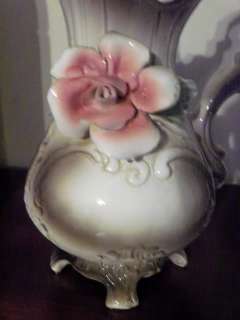 Vintage Porcelain Capodimonte Tall Pitcher w/Pink Rose, Italy  
