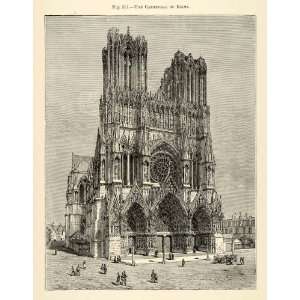  1882 Wood Engraving Cathedral Reims France Gothic Church 