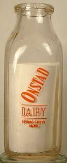 ONSTAD DAIRY SPRING GROVE MN PINT MILK BOTTLE CA 1950S  