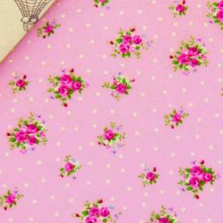 PINK ROSE FLOWER & WHITE POLKA DOT SPOTTY 100% COTTON QUILTING FABRIC 