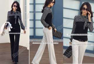   Polo Neck Stripes Long Puff Sleeve Cotton Casual Tops Blouses T Shirt