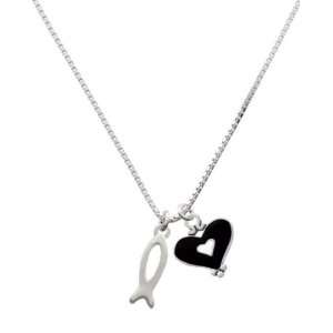   Sided Silver Open Fish Outline and Black Heart Charm Necklace Jewelry