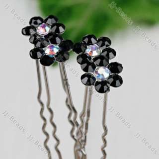 Black Sakura Rhinestone Crystal Surround Hair Pin 10pcs  