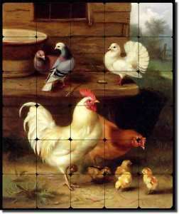 Hunt Rooster Chicks Pigeons Tumbled Marble Tile Mural  