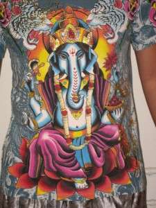 Christian Audigier Elephant Blue T Shirt +rhinestones L