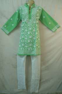 Green White Lucknowi Churidar Pure Cotton Salwar Kameez  