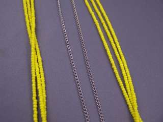 Yellow seed bead 3 strand silver tone chain necklace  