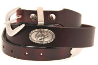 35mm Tapered Chestnut Oiled Latigo Leather Belt With Large Mouth Bass 