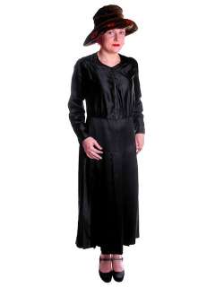 Vintage Black Silk Satin Day Dress 1920s Zip Front Small Large  