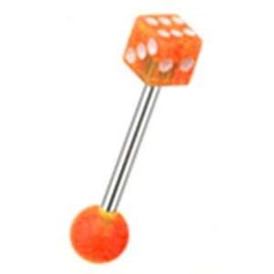  Tongue Ring Piercing Barbell with Orange Dice Design Top 
