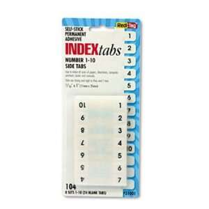 Side Mount Self Stick Plastic Index Tabs Nos 1 10, 1in, White, 104 