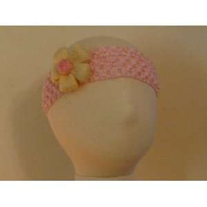 Crochet Headband in Pink and Attachment is Yellow Crochet Flower Pink 