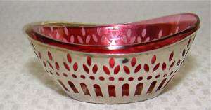 RARE CRANBERRY RED/STERLING SILVER ANTIQUE OPEN SALT CELLAR dish bowl 