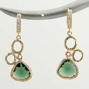Green CZ and Gold Plated Multi Circle Drop Earrings  