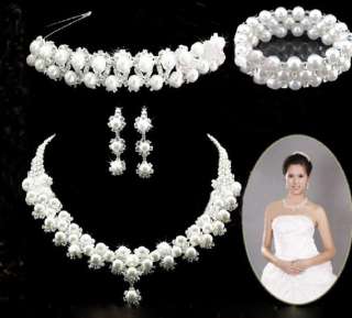 Faux Pearl Bridal Wedding Jewelry Crystal Earrings Necklace Bracelet 