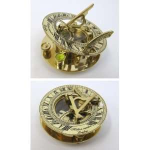 Solid Brass 3 Inch Sundial Compass, Spirit Level   Reproduction 