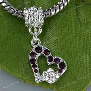 5PC Silver Plated Dark Purple Crystal Heart European Large Hole Charm 