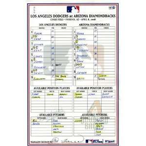  Dodgers at Diamondbacks 4 08 2008 Game Used Lineup Card 