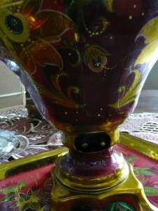 Large enamel painted Russian Samovar, Tray and Tea Pot  