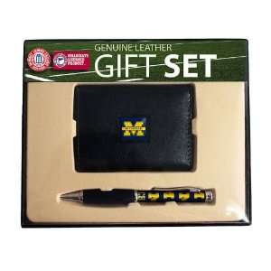 University Of Michigan Leather Tri Fold Wallet & Comfort Grip Pen Gift 