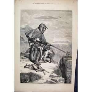  1881 Hunter Gun Dog Deer Birds Mountain Scene Print