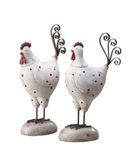 Shabby Cottage Chic Rooster and Hen Figurines Statue  