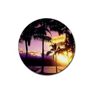  Palm Trees Sunset Beach Round Rubber Coaster set 4 pack 