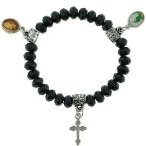  Black Gem Religious Bracelet with 8mm Faceted Rondell Beads   Cross 