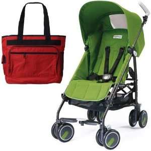   Peg Perego Pliko Mini Stroller with a red Diaper Bag Aloe Green Baby