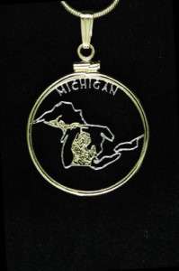 Michigan U.S. State Cut Coin Pendant Necklace 7/8diam.  