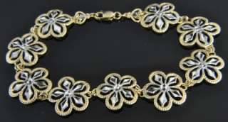   Two Tone 10K Gold Yellow White Diamond Cut Flower Link Chain Bracelet