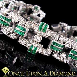 Antique Estate 18K White Gold 6.44ctw Emerald & Diamond Vintage Link 