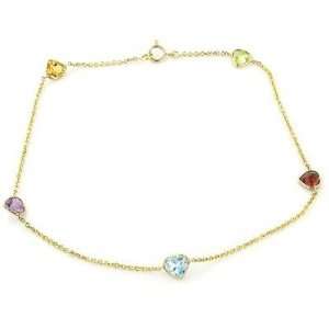  14K Yellow Gold Heart Gemstones Bracelet 8 New 