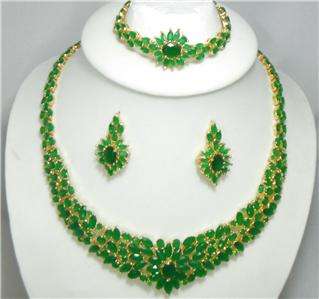 12,995 18k 14k gf Emerald Green Stones Necklace bracelet earrings Set 