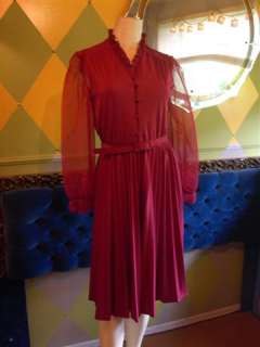 Vintage 60s Burgundy Dress, Sheer Sleeves, Pleats, 10  