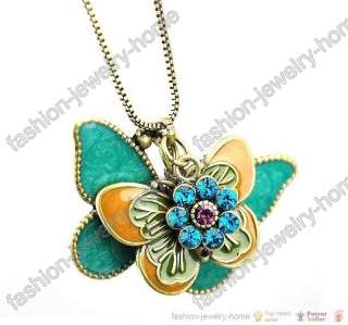 Fashion Dazzling Crystal Flying Butterfly Flower Pendant Necklace 