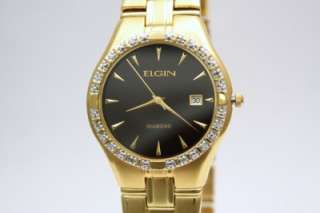 New Elgin Men Diamond Gold Tone Date Watch /Minor Scratch On Crystal 