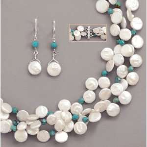 11mm Cultured Coin Pearls/5mm Turquoise Beads, Sterling Silver Clasp 