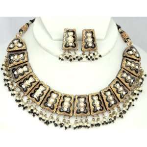  Black Meenakari Necklace Set with Dangling Beads   Lacquer 