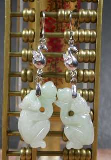 Whitw 925 Sterling Silver Natural A JADE Jadeite Monkey Earrings 