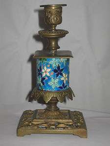 Art Nouveau Longwy Candle Stick/Holder Bronze/Blue Floral Enamel 
