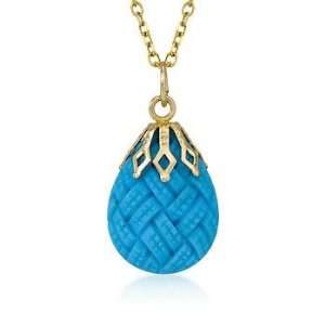  Carved Turquoise Pendant Necklace In 14kt Yellow Gold. 16 