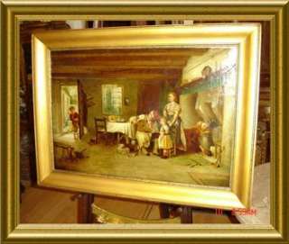 ANTIQUE BRITISH FAMILY GATHERING OIL PAINTING *SIGNED*  
